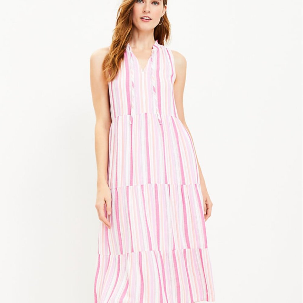 Loft Striped Tiered Tie Neck Midi Dress- NWT